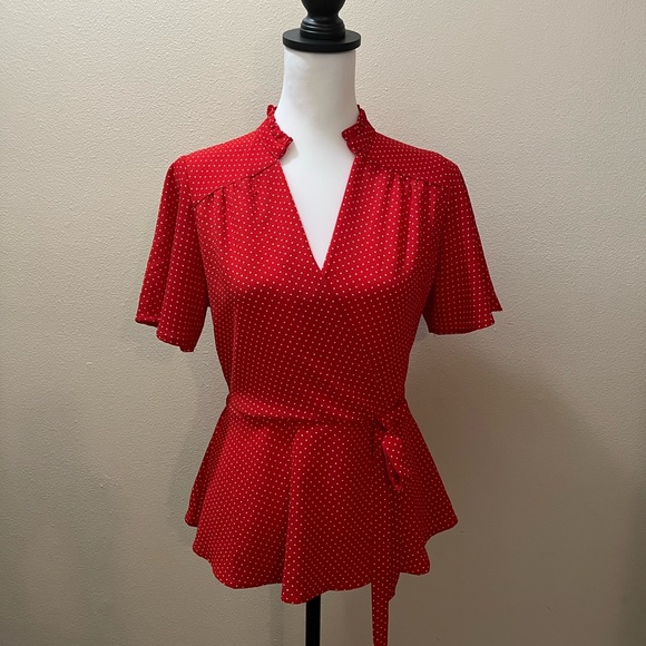 Monteau, Red-Orange/White Polka Dot S/S Top Size M - Picture 2 of 5